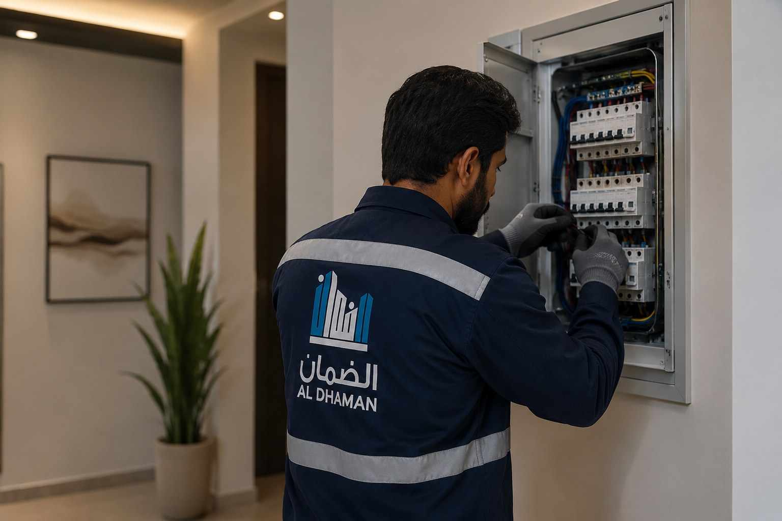فني الضمان يفحص لوحة كهرباء في منزل بالكويت