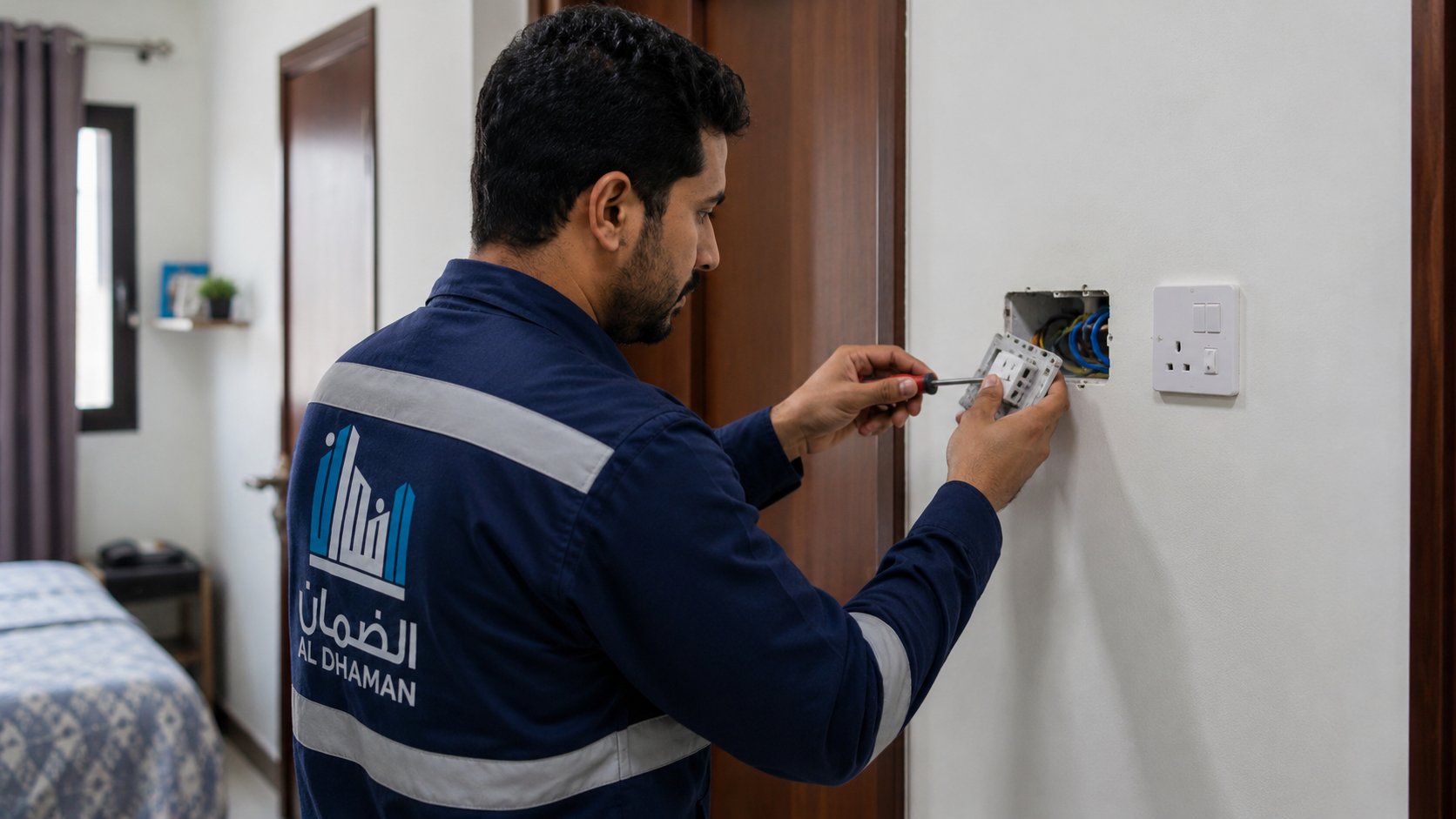 فني الضمان يركب فيشة كهرباء بغرفة نوم